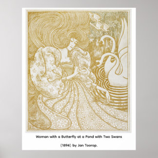Woman with a Butterfly at a Pond with Two Swans Poster