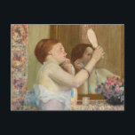 Woman with a Mirror | Frederick Carl Frieseke Postcard<br><div class="desc">Woman with a Mirror (Femme qui se mire) (1911) by Frederick Carl Frieseke (American, 1874–1939) is a luminous and intimate portrayal of a woman absorbed in her reflection. Bathed in soft, natural light, the figure is surrounded by rich fabrics, floral patterns, and a serene interior setting—hallmarks of Frieseke’s Impressionist style....</div>