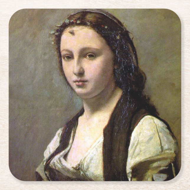 Woman with a Pearl, Camille Corot, 1868-1870 Square Paper Coaster (Front)