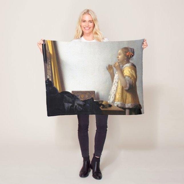 Woman with a Pearl Necklace, Johannes Vermeer Fleece Blanket (In Situ)
