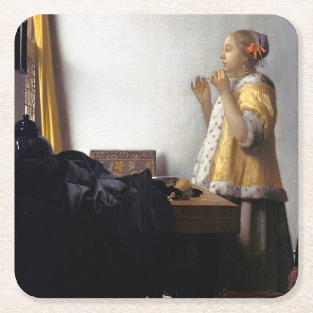 Woman with a Pearl Necklace, Johannes Vermeer Square Paper Coaster (Front)