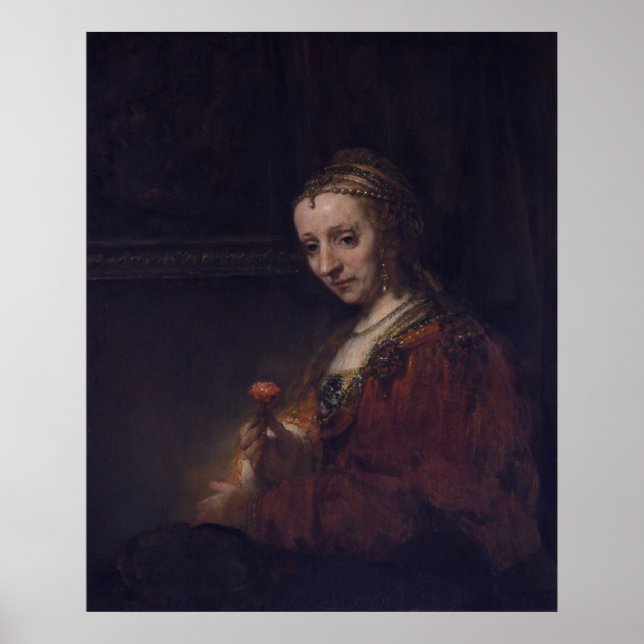 Woman with a Pink Carnation by Rembrandt van Rijn Poster (Front)