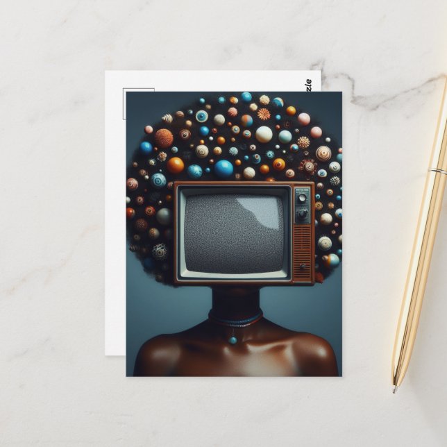 Woman With a TV on Her Head Natural Black Hair Postcard (Front/Back In Situ)