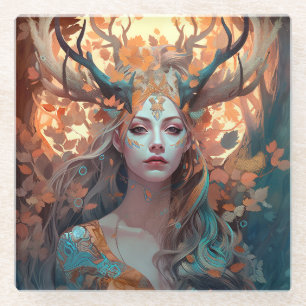 Woman With Antlers Fantasy Art Glass Coaster