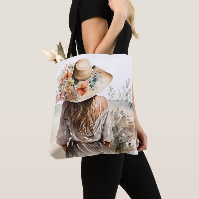 Woman With Beach Hat Tote Bag (Close Up)
