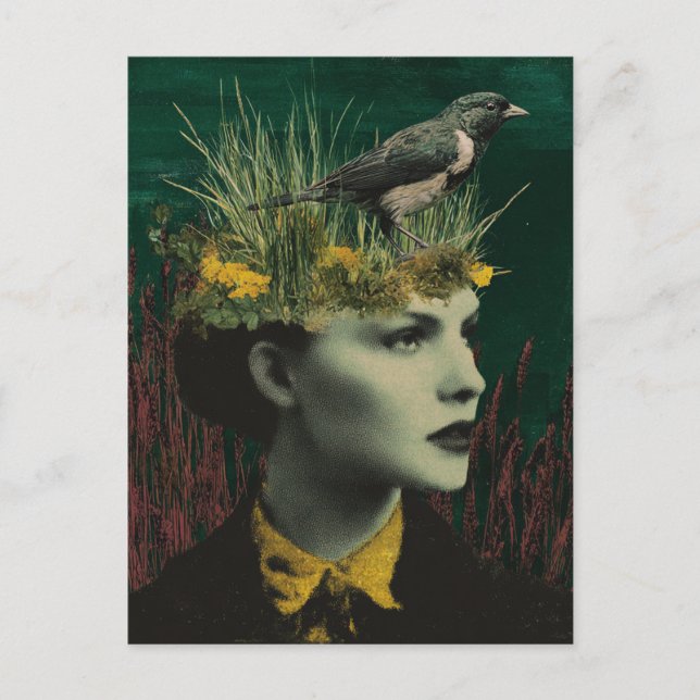 Woman With Bird on Her Head Mixed Media Collage Postcard (Front)