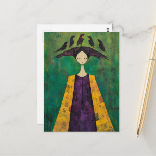 Woman With Birds on Her Head  Postcard