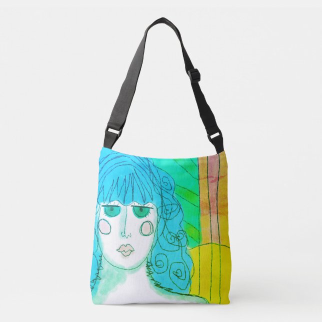 Woman with Blue Hair Abstract Art Crossbody Bag (Front)