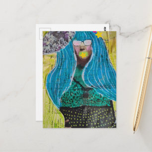 Woman With Blue Hair Mixed Media Collage Postcard