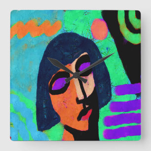 Woman with Bob Haircut Abstract Art Square Wall Clock