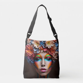 Woman with bright make-up and flowers crown crossbody bag
