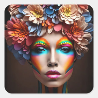 Woman with bright make-up and flowers crown square sticker