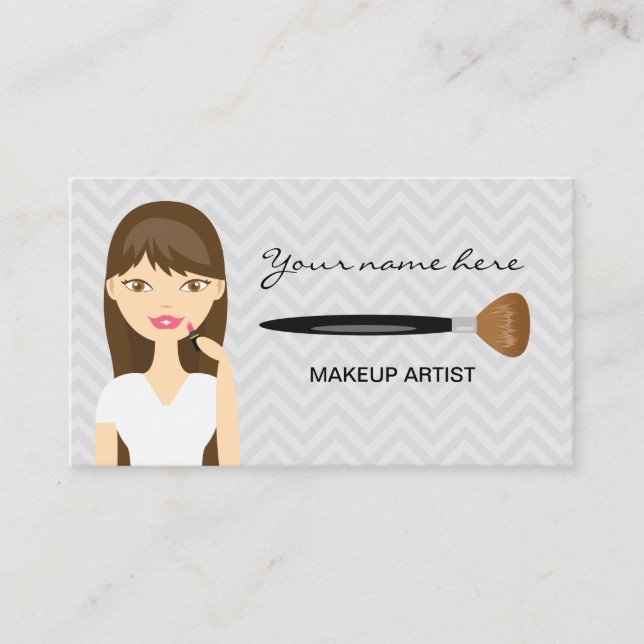 Woman With Brown Long Hair Makeup Artist Business Card (Front)