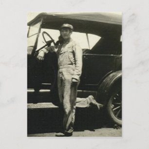 Woman with car postcard