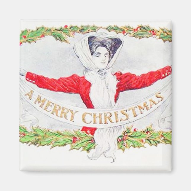 Woman With Christmas Banner Vintage Magnet (Front)