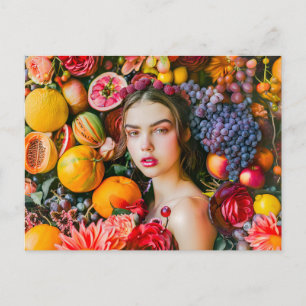 Woman with citrus fruits and flower garland postcard