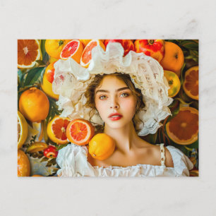 Woman with citrus fruits and flower garland postcard
