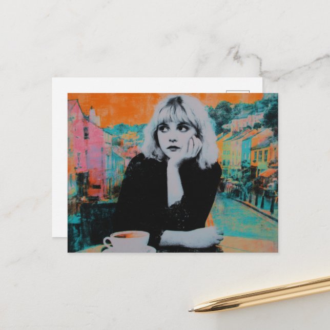 Woman With Coffee Colourful Postcard (Front/Back In Situ)