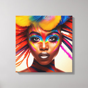 Woman with colourful makeup and feathers on her he canvas print