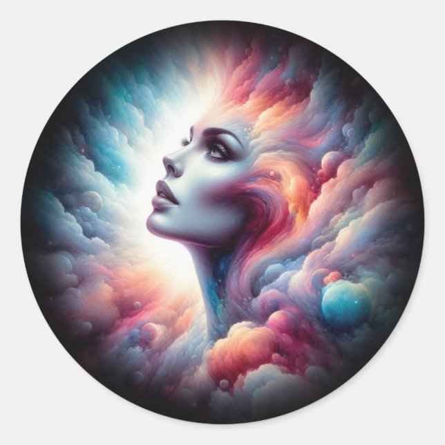 Woman with Cosmic Aura Hair Classic Round Sticker (Front)