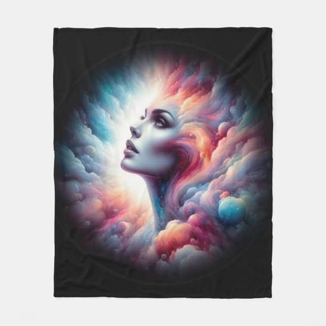 Woman with Cosmic Aura Hair Fleece Blanket (Front)