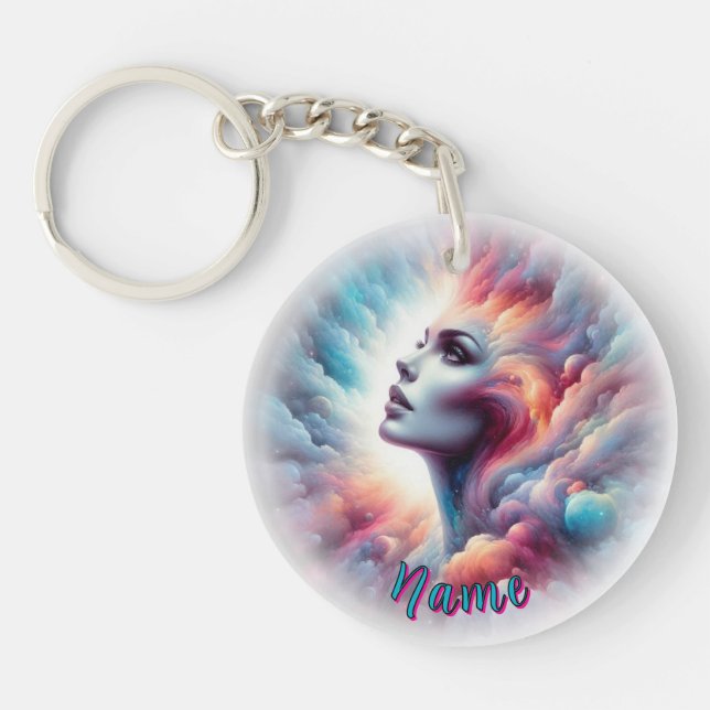 Woman with Cosmic Aura Hair Key Ring (Front)