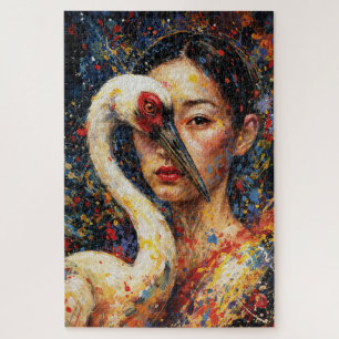 Woman with Crane Bird Colorful Splatter Jigsaw Puzzle