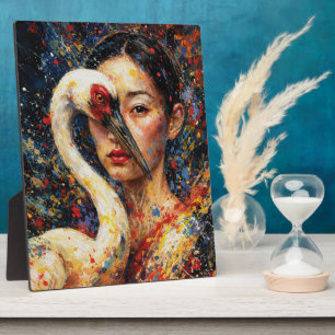 Woman with Crane Bird Colourful Splatter Plaque