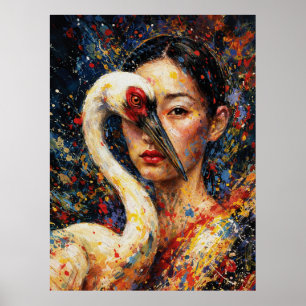 Woman with Crane Bird Colourful Splatter Poster
