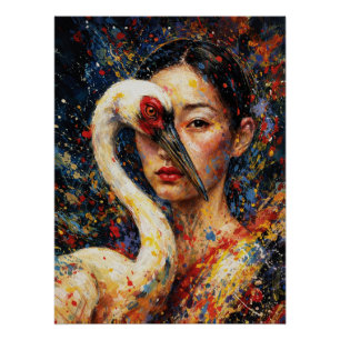Woman with Crane Bird Colourful Splatter Poster