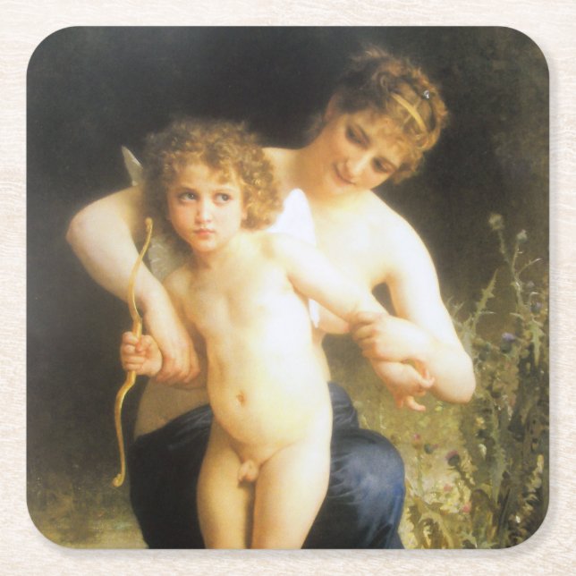 Woman with Cupid, Bouguereau Square Paper Coaster (Front)