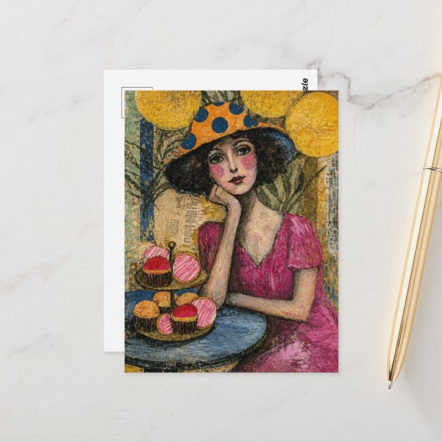 Woman With Dessert Collage Postcard (Front/Back In Situ)