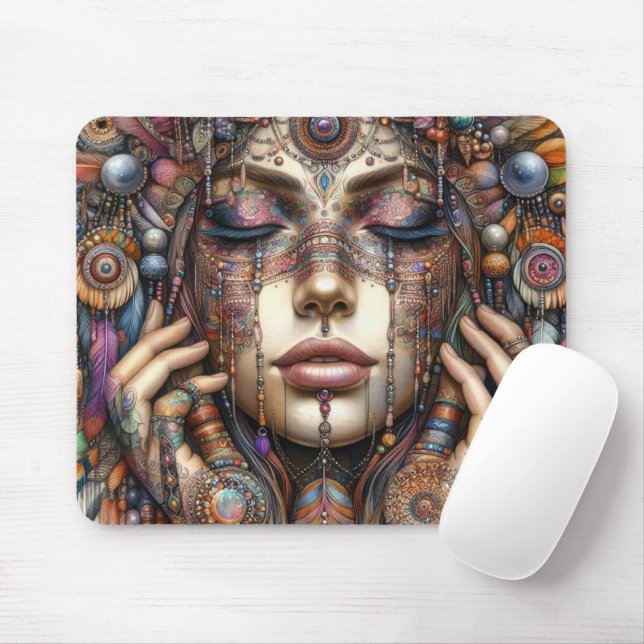 Woman with Elaborate Tribal-Inspired Ornamentation Mouse Pad (With Mouse)