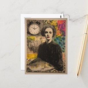 Woman With Fish Mixed Media Collage Postcard