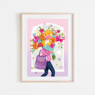 Woman with Floral Bouquet Colourful Illustration Poster