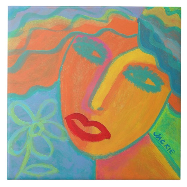 Woman with Flower 2 Original Abstract Art Tile (Front)