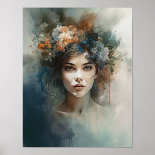Woman With Flower Head Art Print Poster