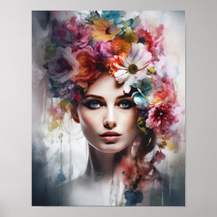 Woman With Flower Head Art Print Poster