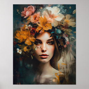 Woman With Flower Head Art Print Poster
