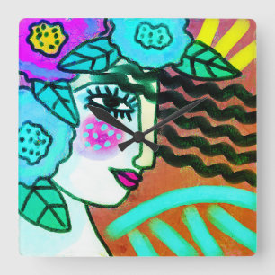 Woman with Flowers Abstract Art Square Wall Clock