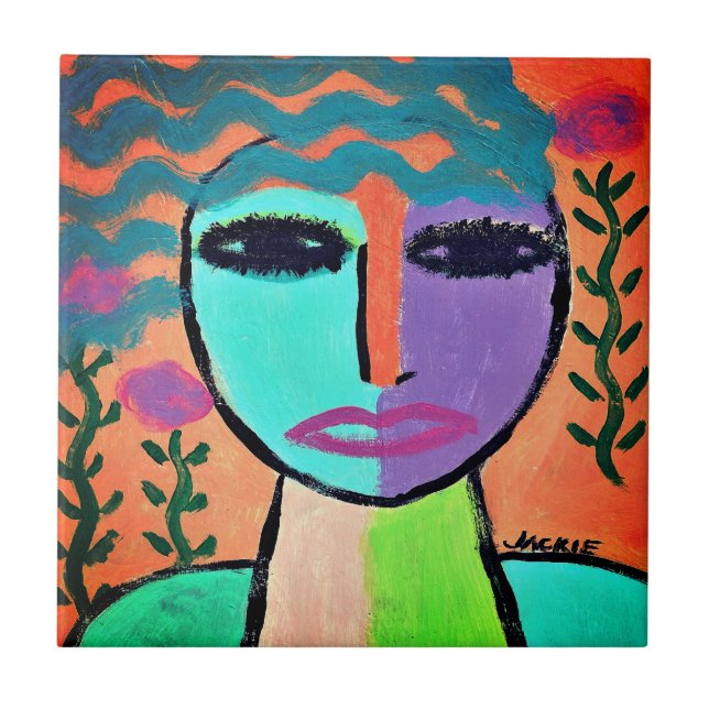Woman with Flowers Abstract Portrait Tile (Front)