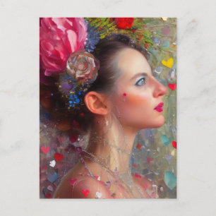 Woman With Flowers and Hearts Postcard