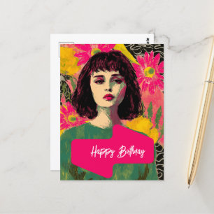 Woman With Flowers Happy Birthday Postcard