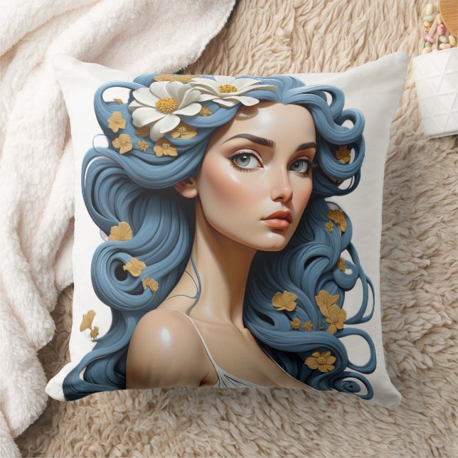 Woman with flowers in her hair. cushion (Blanket)