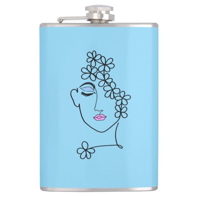 Woman With Flowers Line Art   Hip Flask (Front)