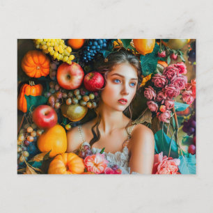 Woman with grapes and floral arrangement postcard