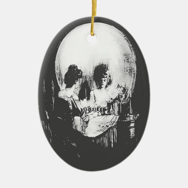 Woman with Halloween Skull Reflection In Mirror Ceramic Tree Decoration (Front)