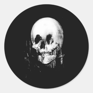 Woman with Halloween Skull Reflection In Mirror Classic Round Sticker