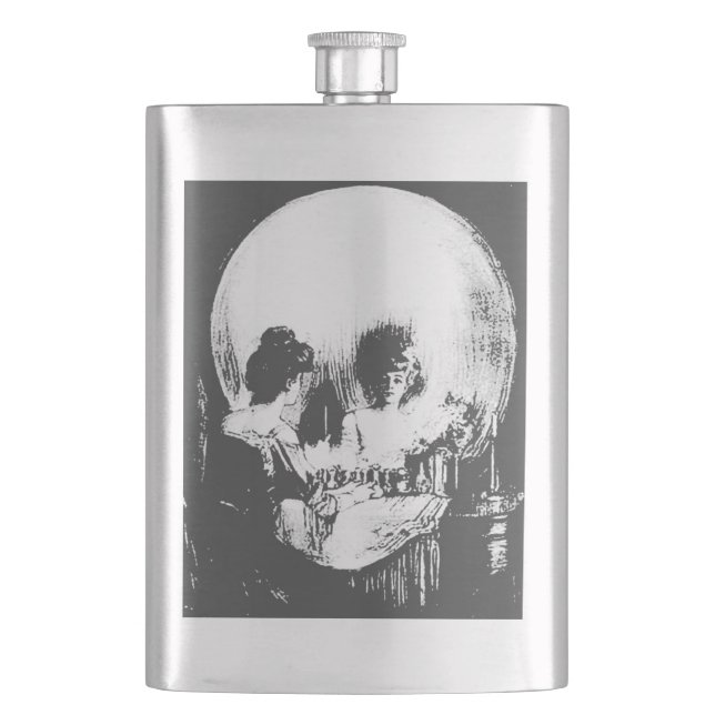 Woman with Halloween Skull Reflection In Mirror Hip Flask (Front)