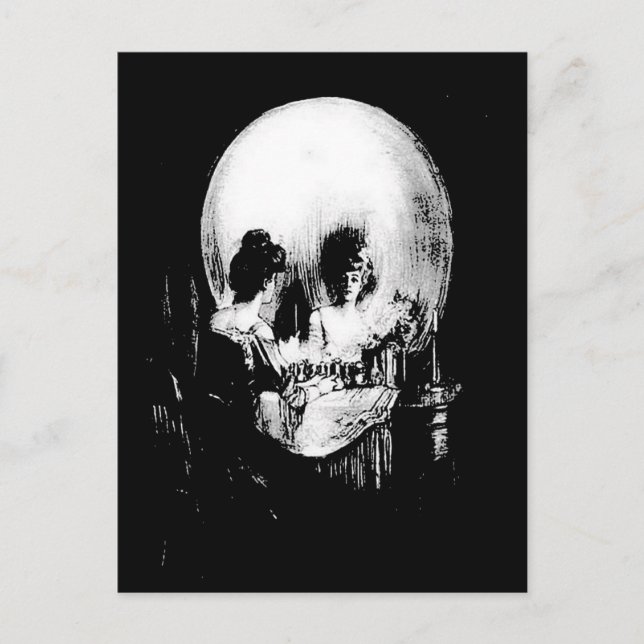 Woman with Halloween Skull Reflection In Mirror Postcard (Front)